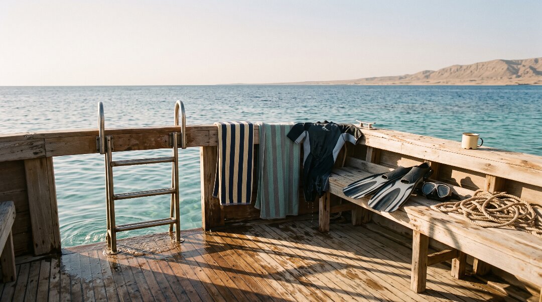 An empty Red Sea dive boat deck in low autumn light, ladder down into flat turquoise water, towels drying on the rail.