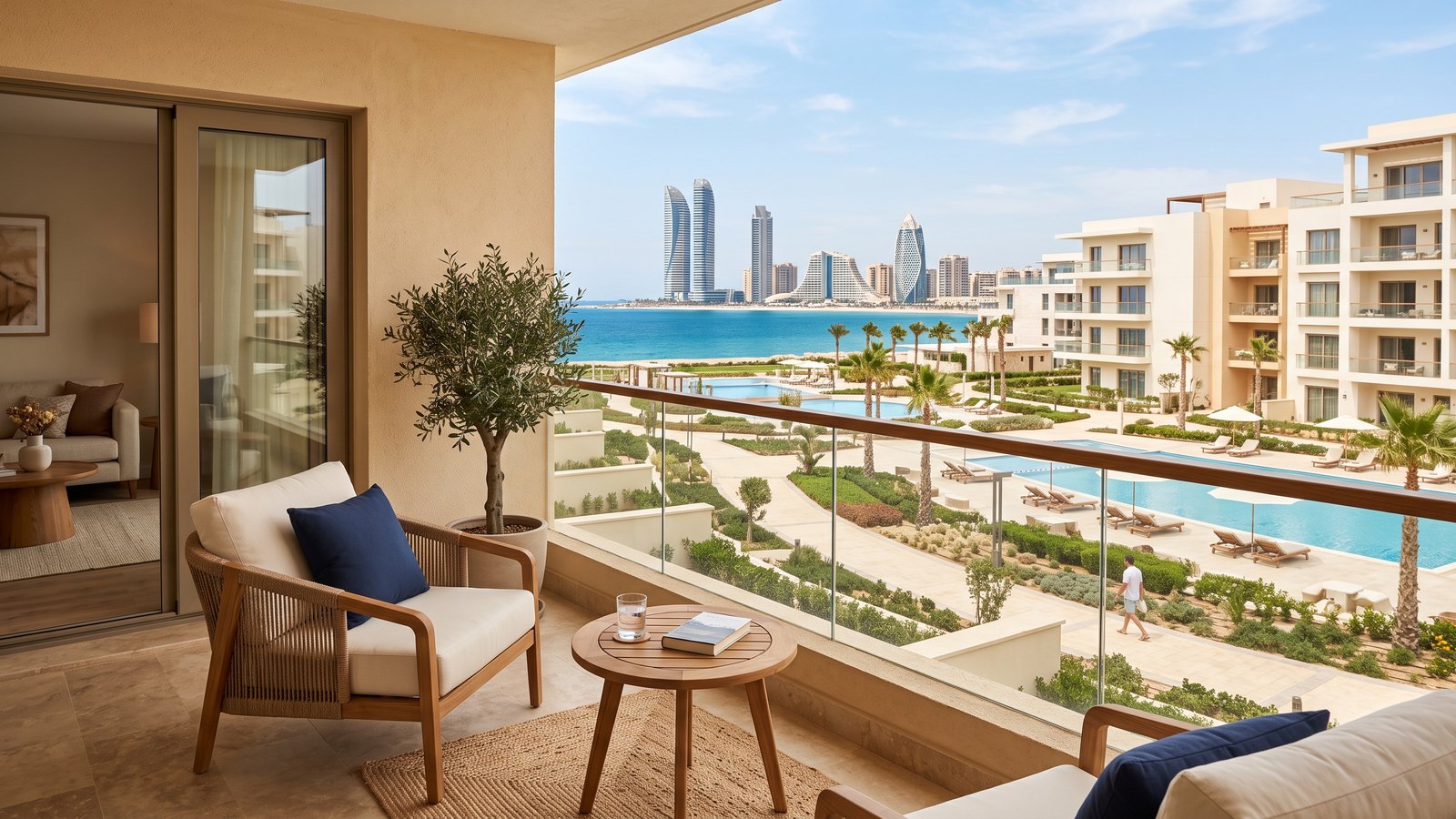 بلكونة شقة في العلمين الجديدة بتطل على حمامات السباحة والبحر المتوسط وأبراج العلمين في الخلفية