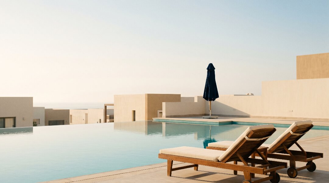 Two empty sun loungers beside a still lagoon pool at a North Coast chalet in early morning light