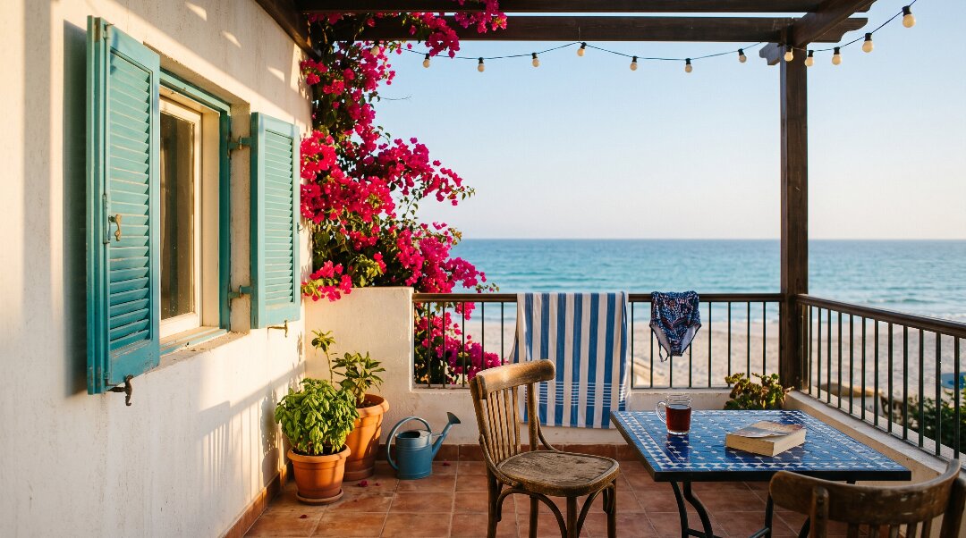 A North Coast chalet terrace in late afternoon sun: striped towels over the rail, bougainvillea against white stucco, two chairs pulled up to a tiled table, the sea bright beyond.