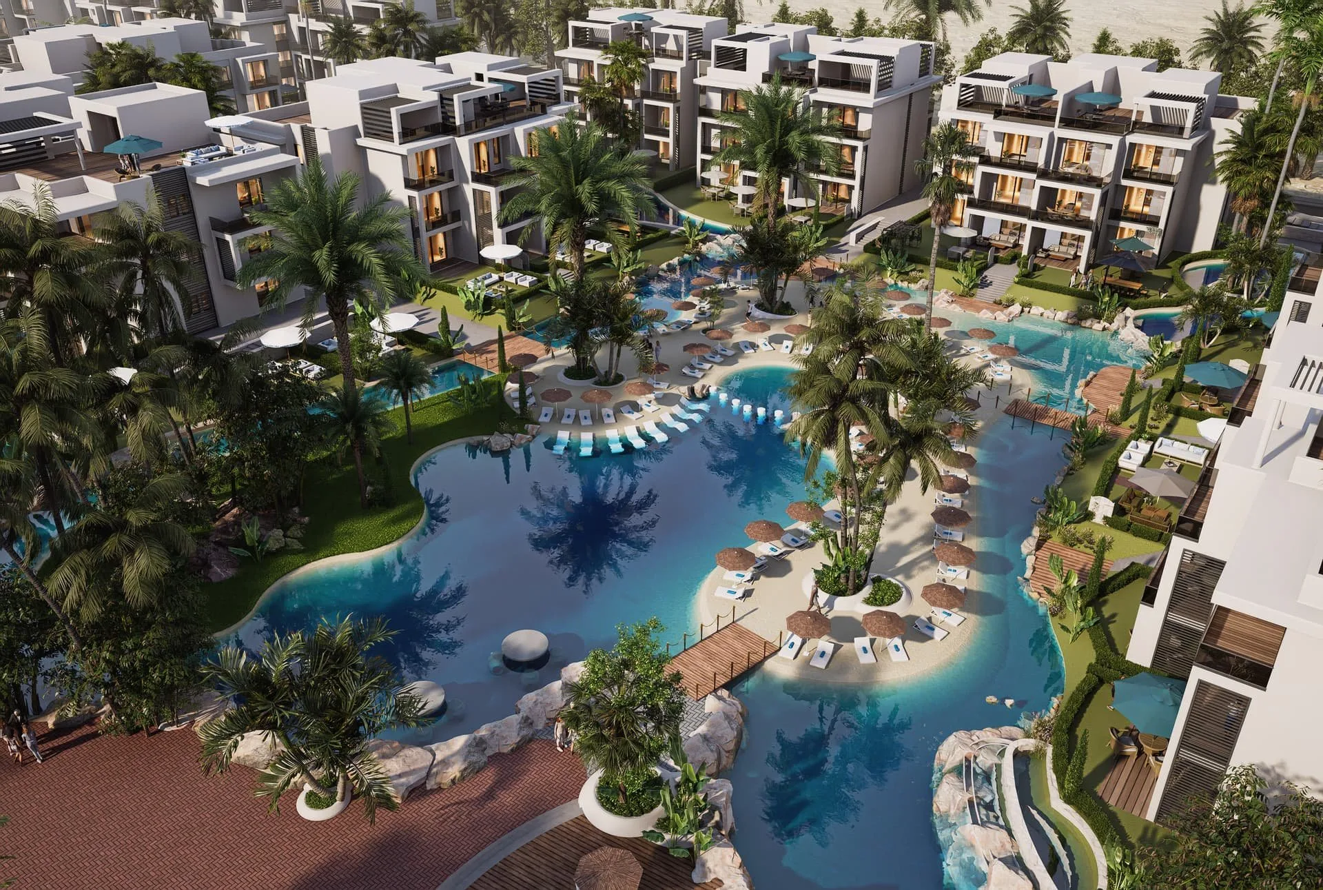 تصميم تخيلي: Aerial: main lagoon pool (developer render)