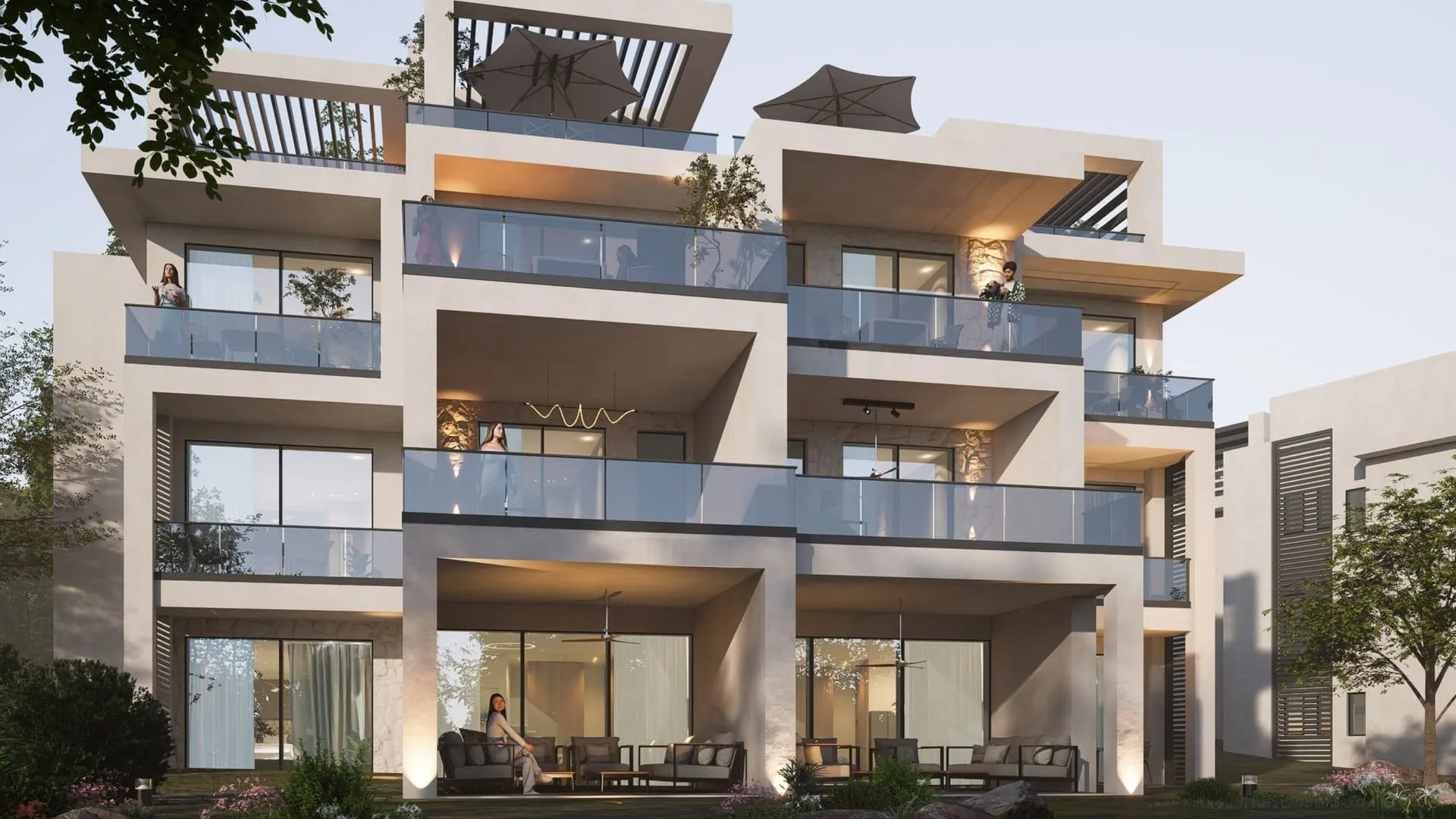 تصميم تخيلي: Apartment building facade with balconies and roof terraces