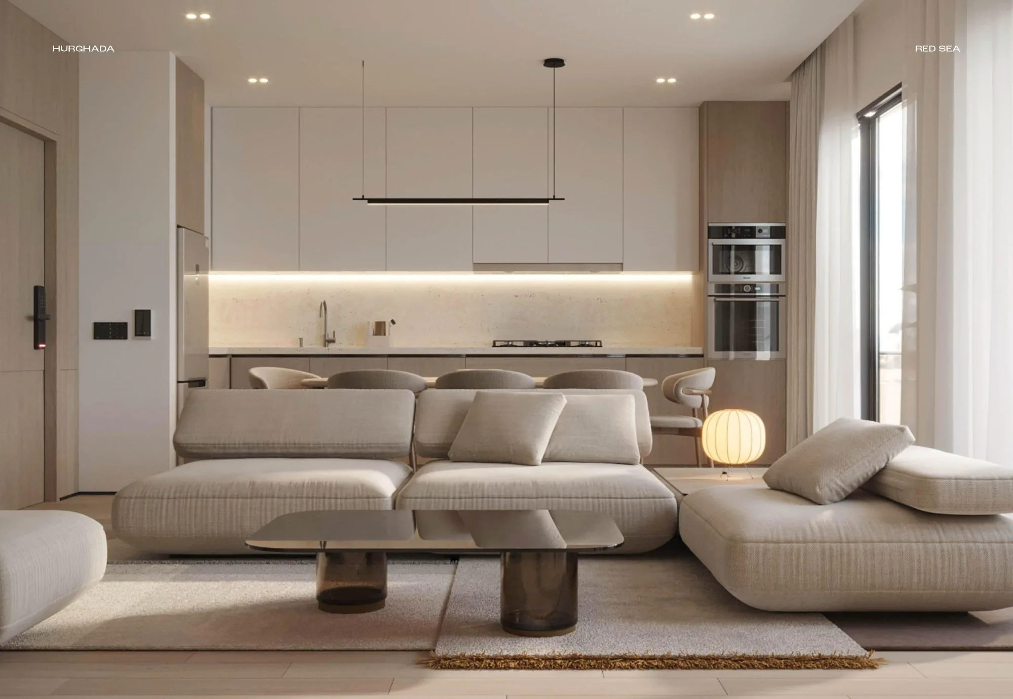 تصميم تخيلي: Apartment living room and kitchen (show-unit render)
