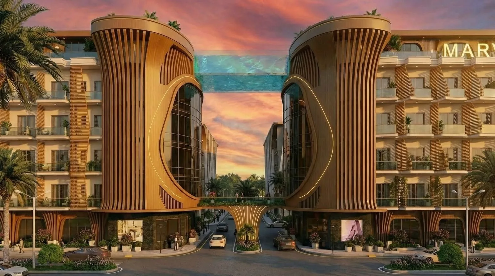 تصميم تخيلي: Render of the two curved towers joined by the glass sky pool