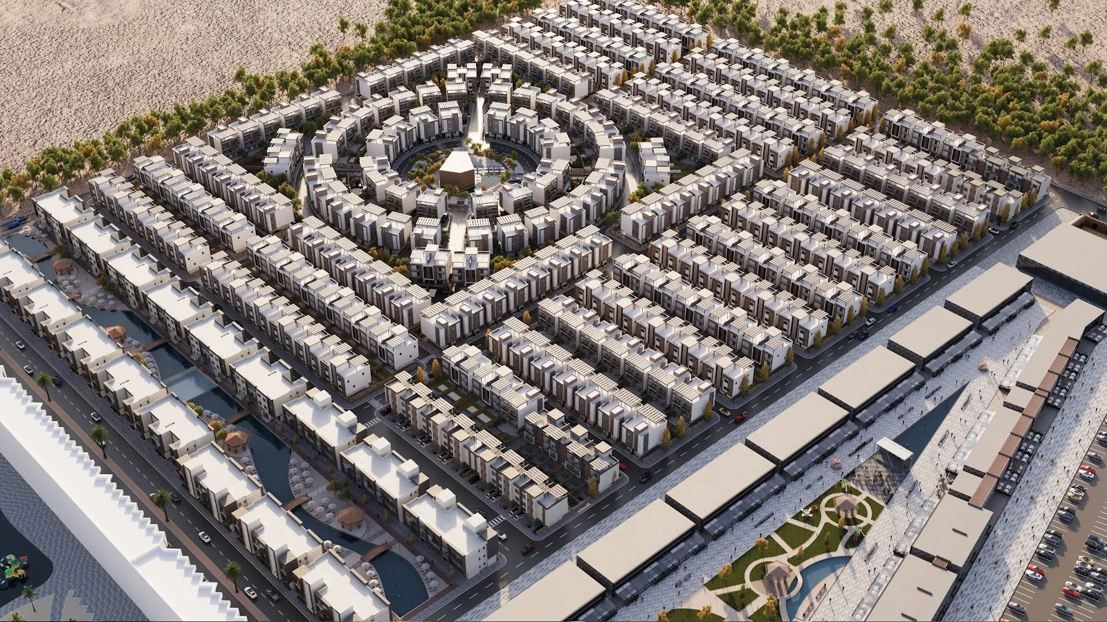 المخطط العام: Bird’s-eye view of the Venecia Red Sea master plan (developer render)
