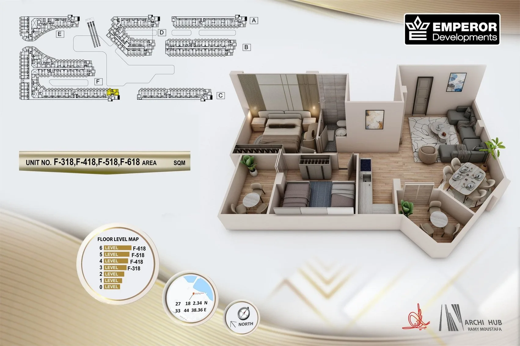 مسقط: Developer floor plan: 101 m² two-bedroom apartment (units F318/F418/F518/F618)