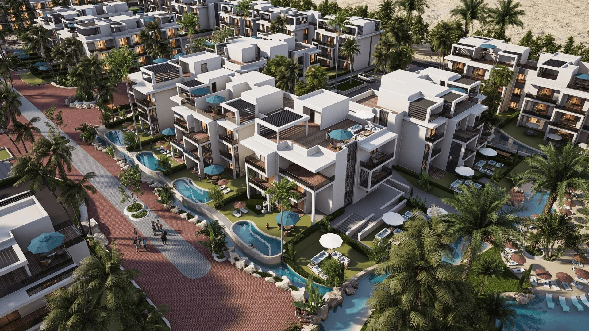 تصميم تخيلي: Aerial: lagoon pools and buildings