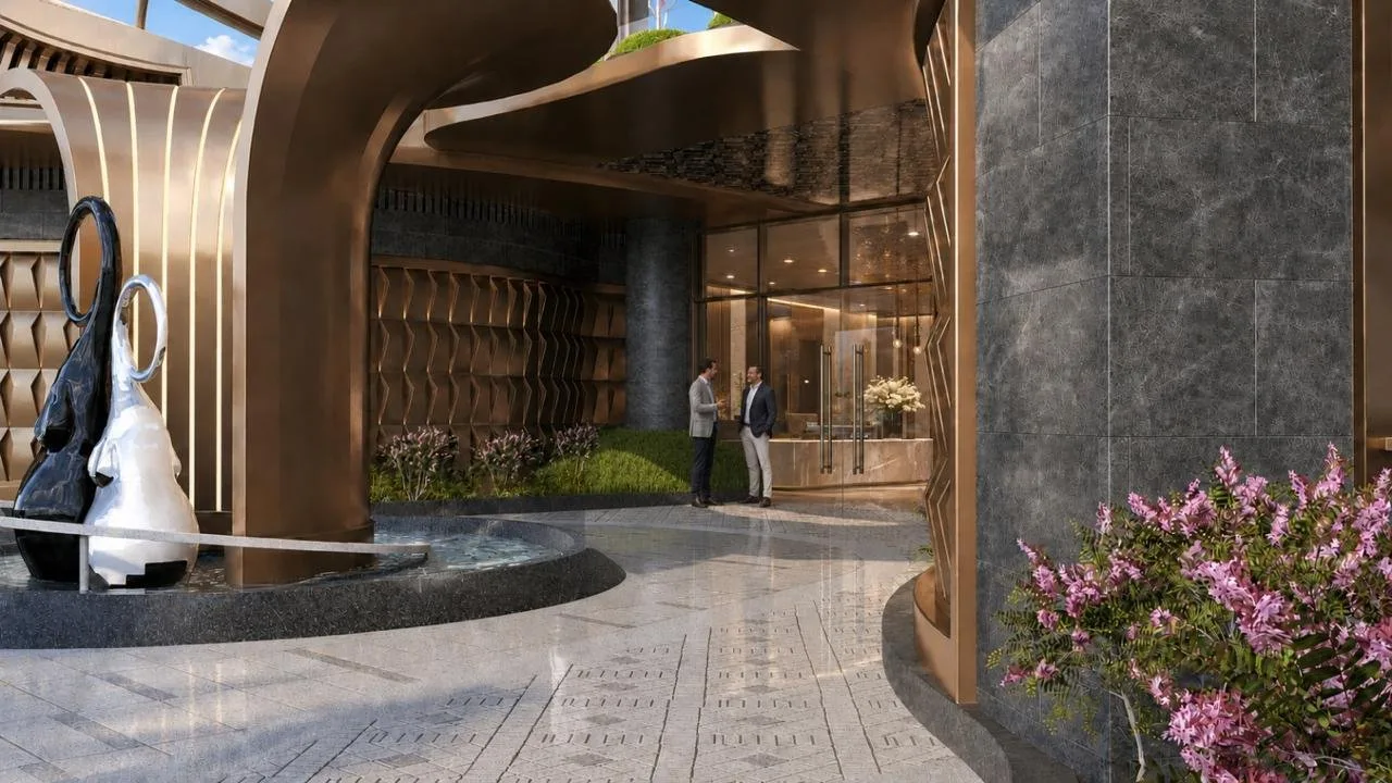 تصميم تخيلي: Render of a building entrance and lobby