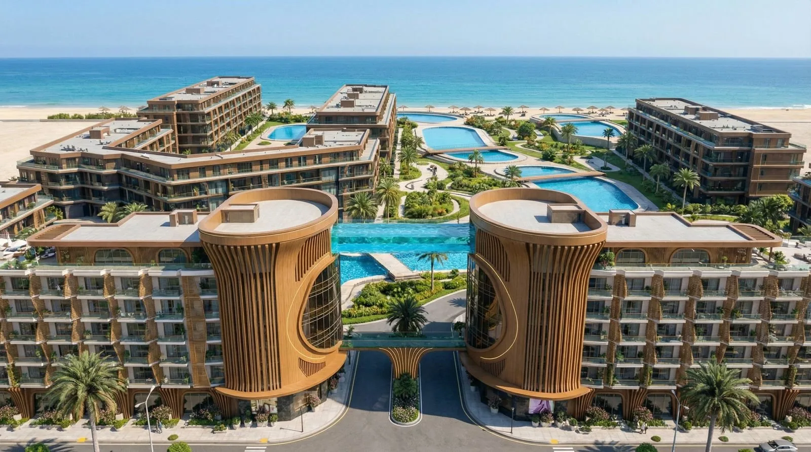 تصميم تخيلي: Aerial render looking toward the sea across the pools