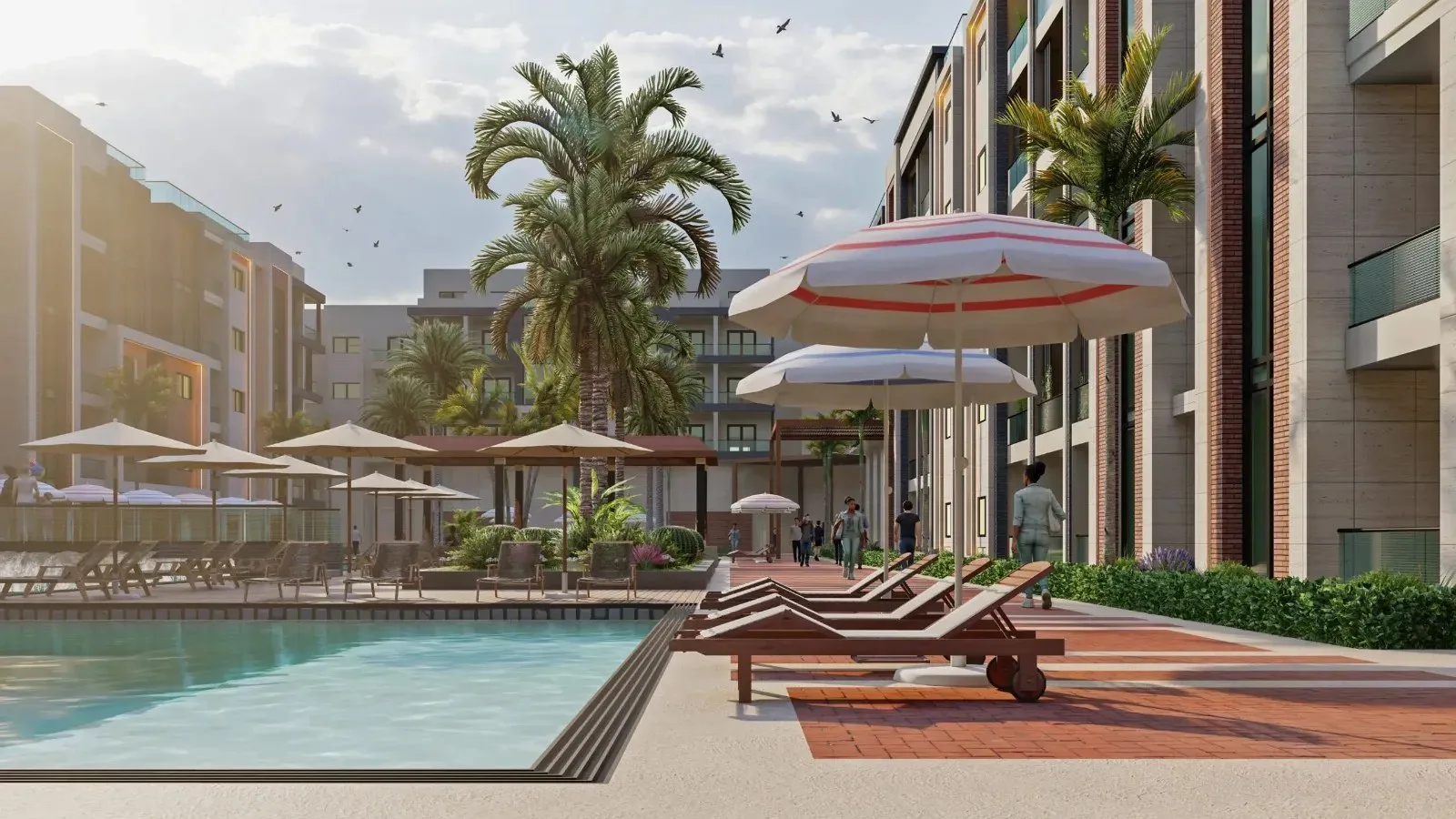 Recreación: Loungers by the pool (developer render)