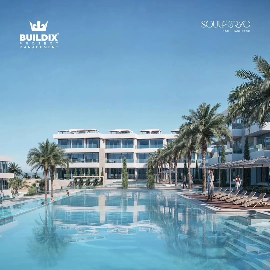 تصميم تخيلي: Main pool with buildings and palms (developer render)