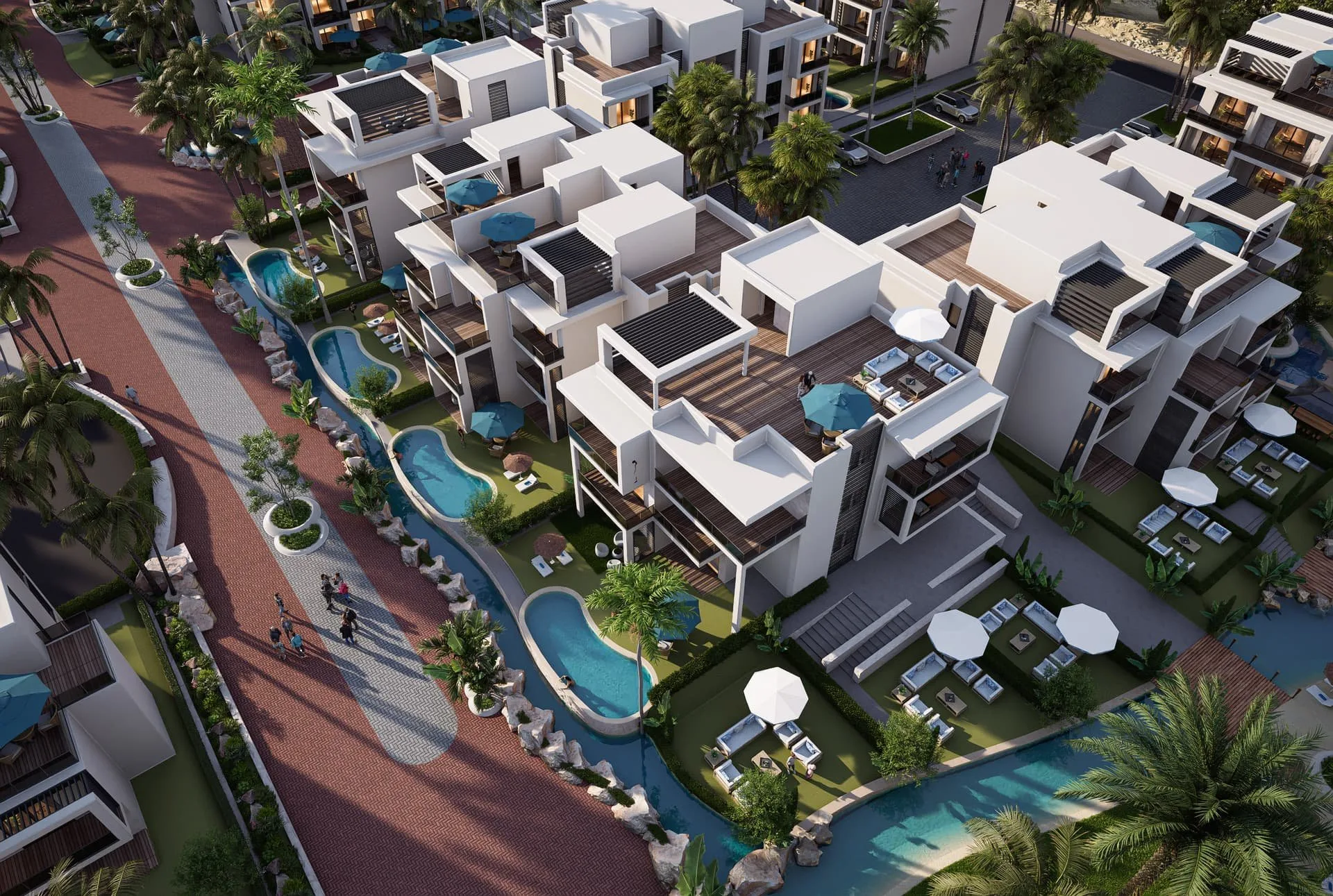تصميم تخيلي: Buildings along the lagoon with plunge pools and gardens