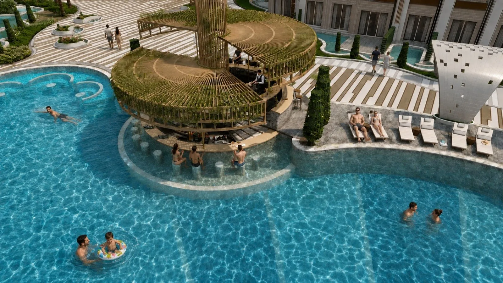 تصميم تخيلي: Render of a pool with the round island bar