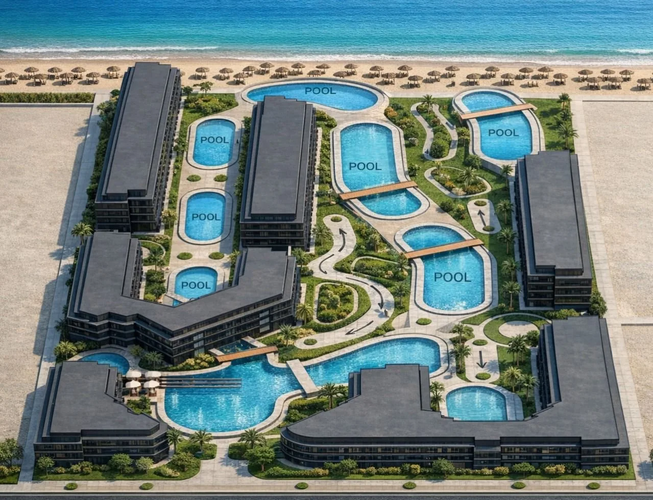 المخطط العام: Top-down masterplan render: residential blocks around the pool chain, beach at the top