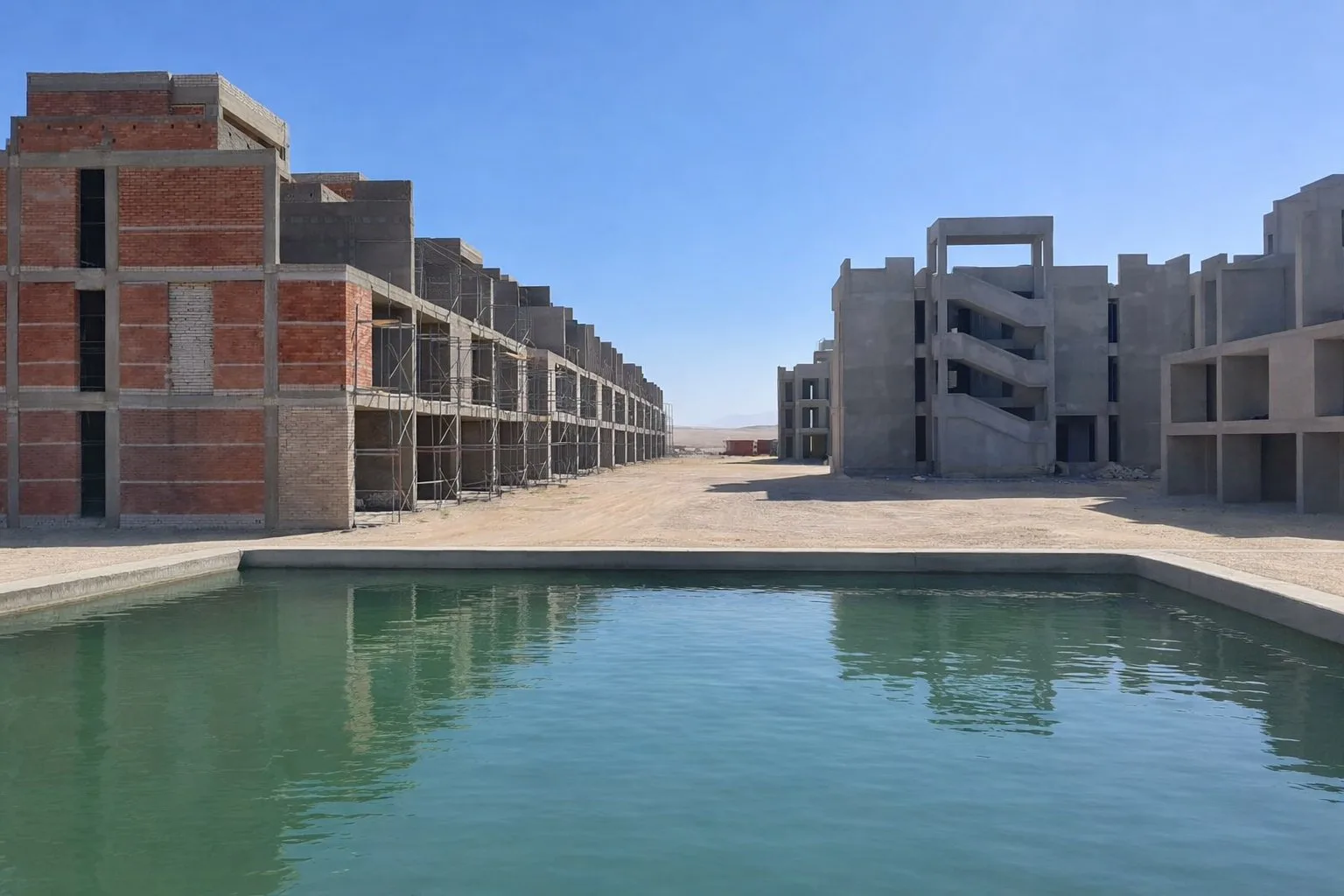 Foto de la obra: Pool and townhouses under construction (construction photo)