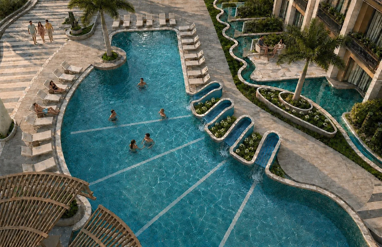 تصميم تخيلي: Render of the main pools from above