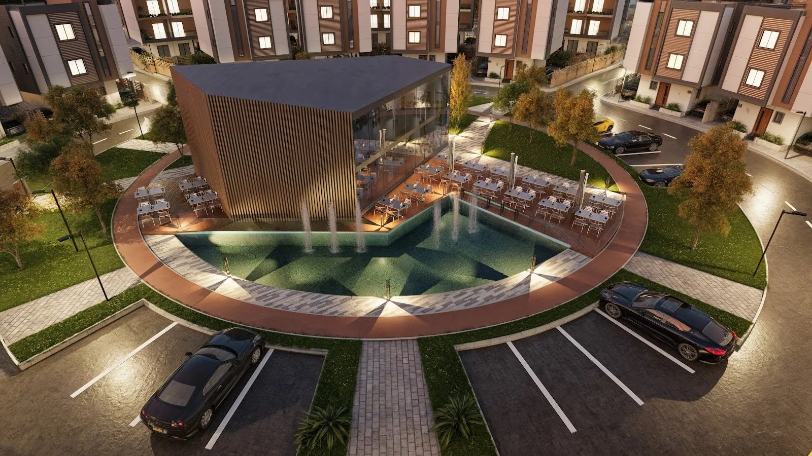 تصميم تخيلي: Clubhouse pool at night
