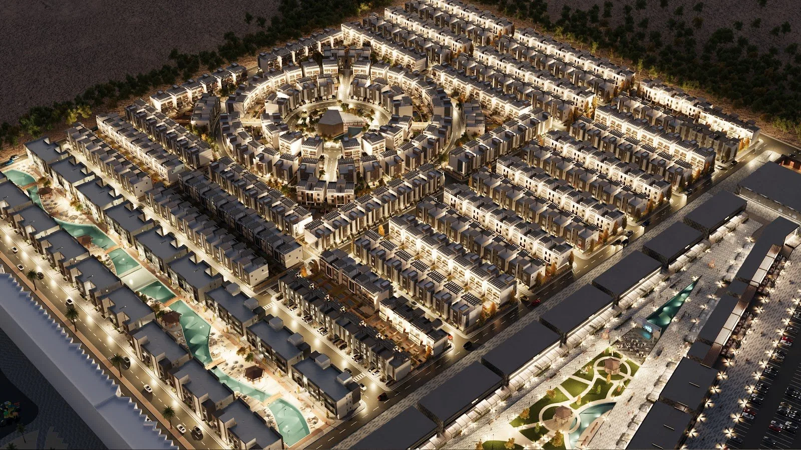 تصميم تخيلي: Aerial view of the community at night
