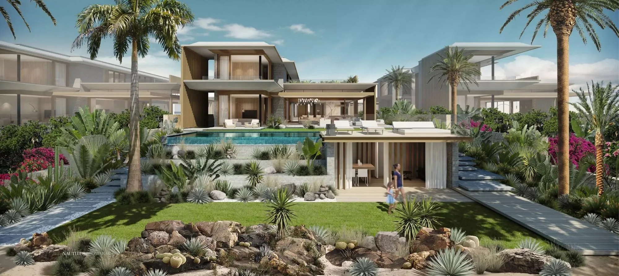 تصميم تخيلي: Nautilus villa garden and pool, render