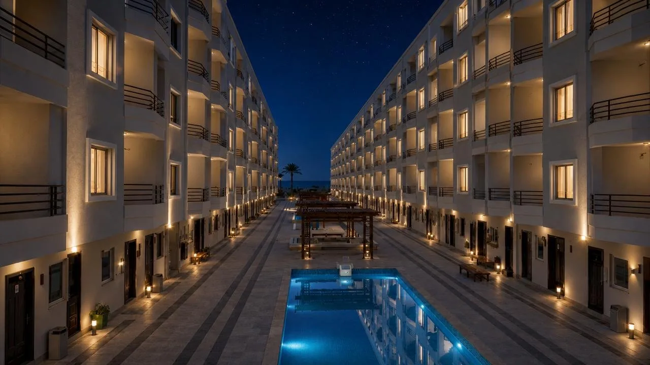 صورة حقيقية: Courtyard pool at dusk, site photo, October 2026