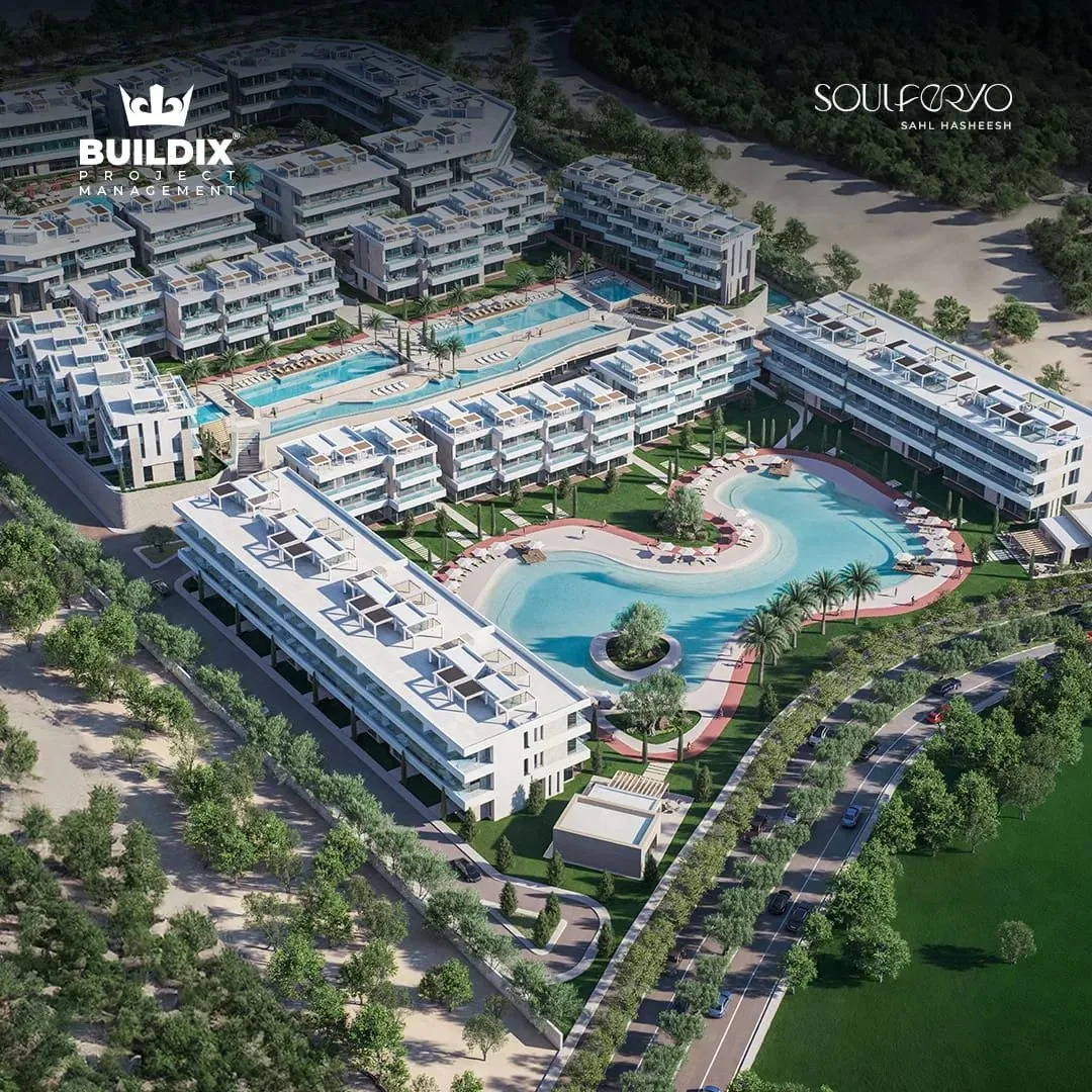 تصميم تخيلي: Aerial view of the resort and pools (developer render)