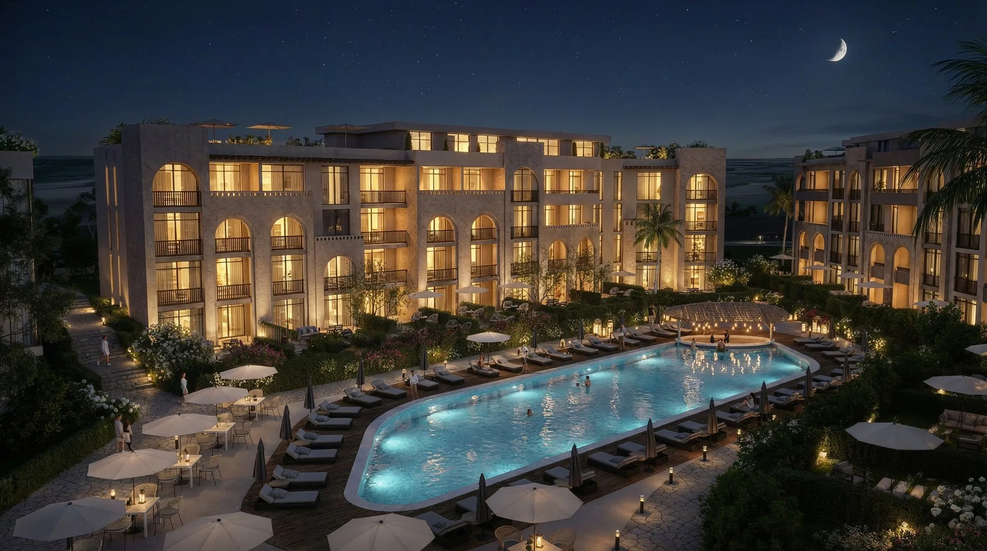 تصميم تخيلي: Pool and buildings at night
