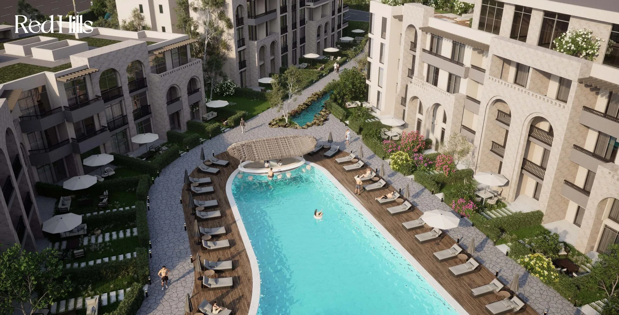 تصميم تخيلي: Pool and sun deck seen from above