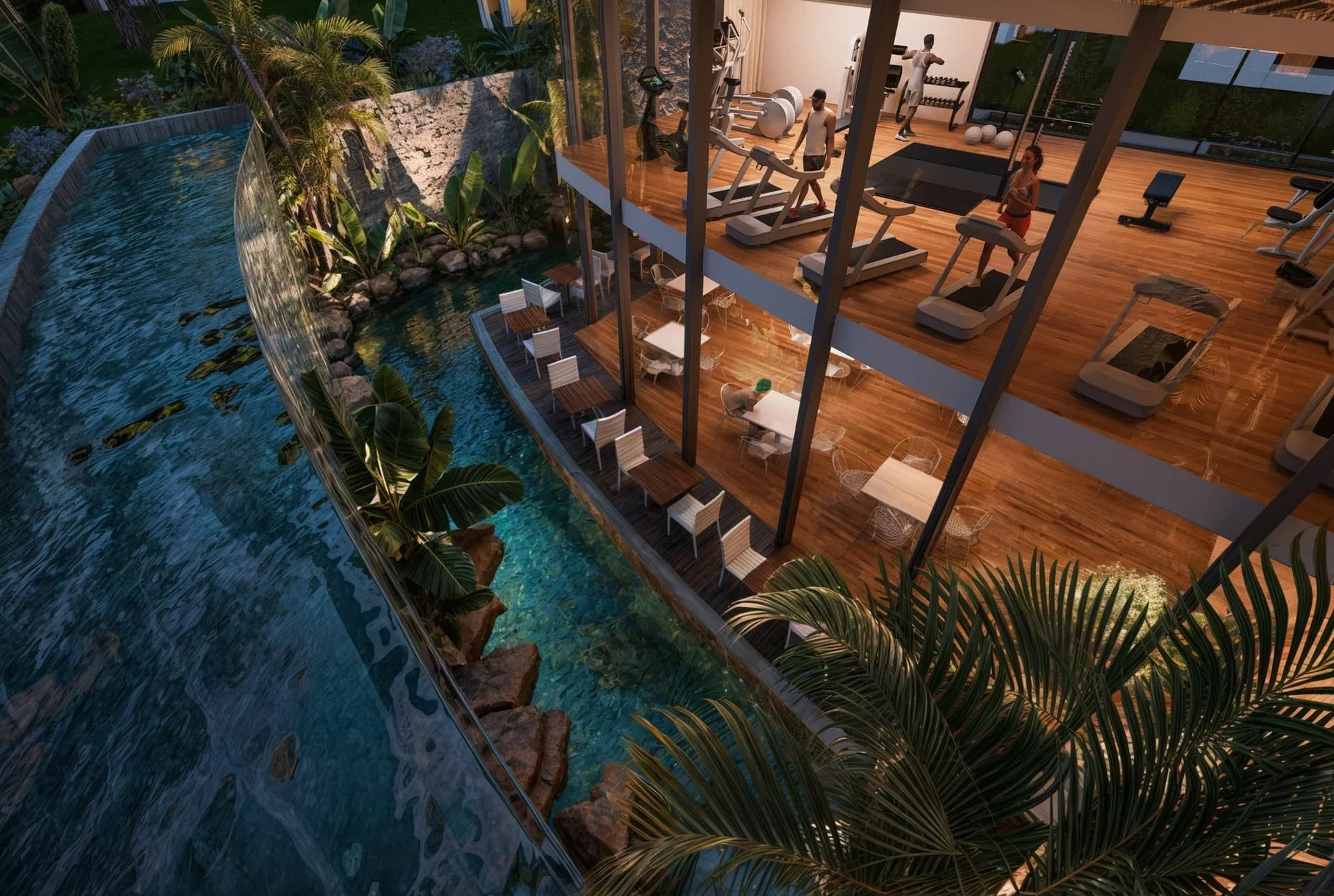 تصميم تخيلي: Gym deck over the lazy river