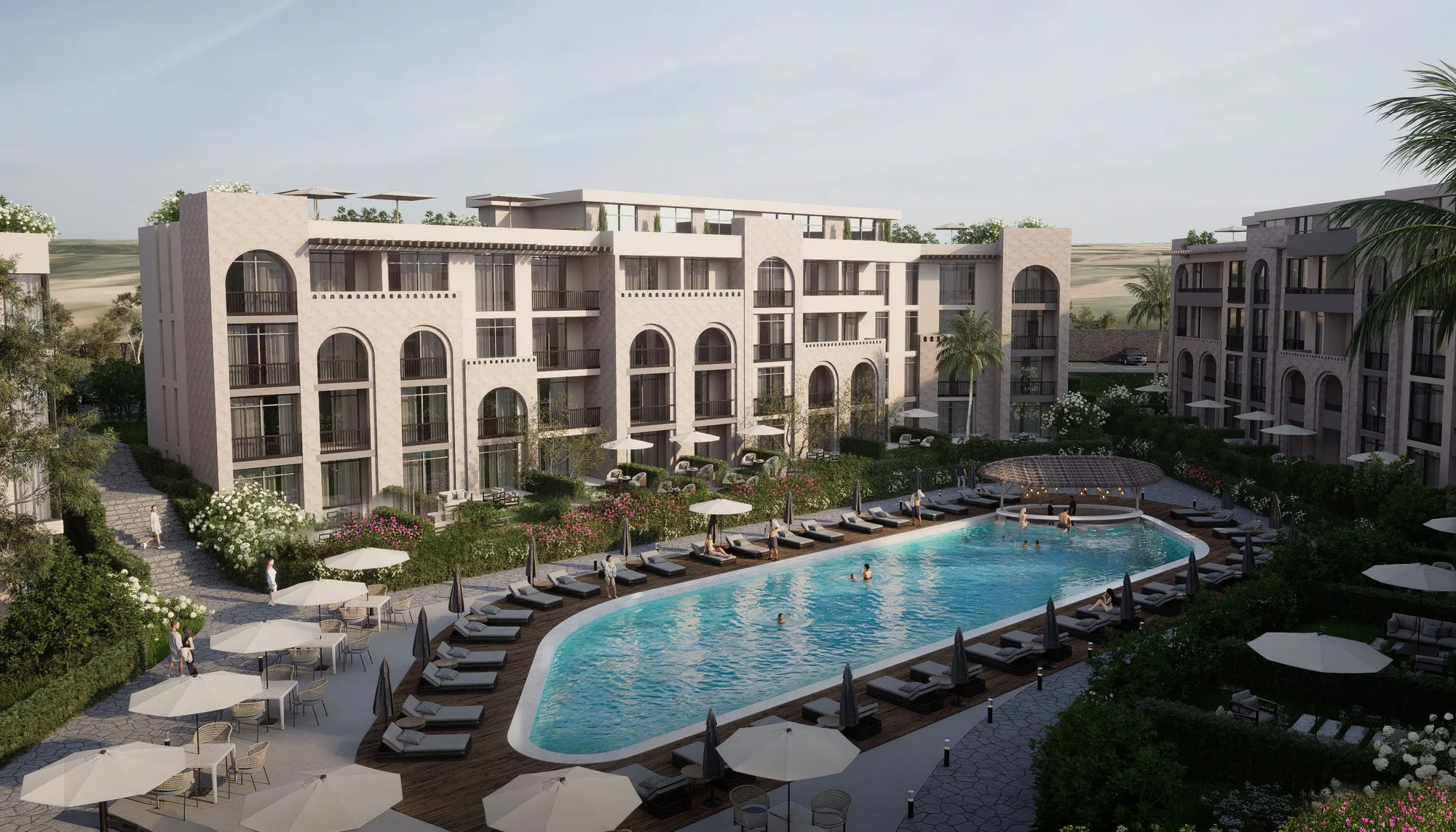 تصميم تخيلي: Main pool and surrounding buildings