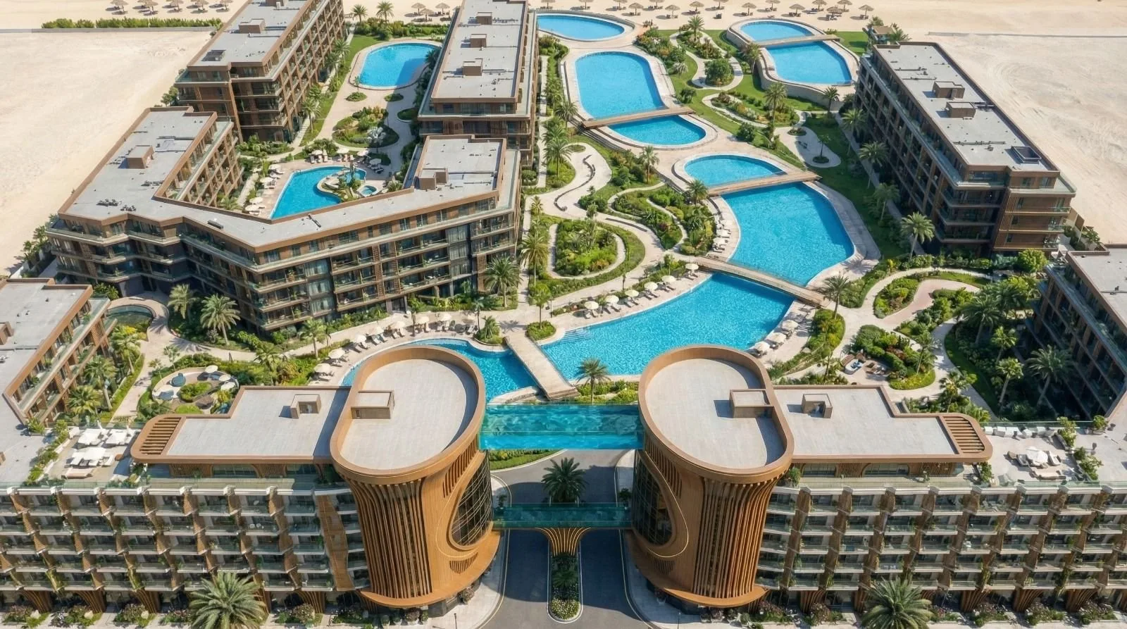 تصميم تخيلي: Aerial render of the pool chain and the sky-pool towers