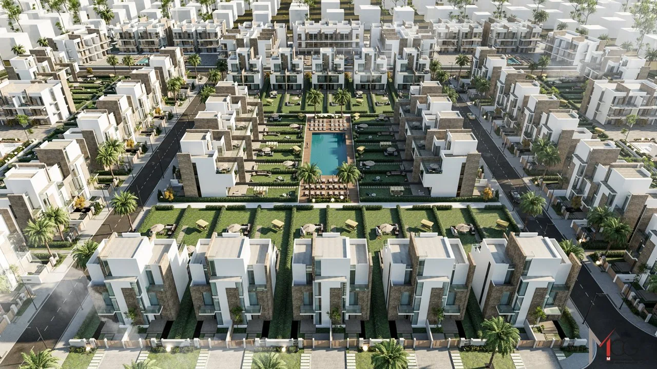 Recreación: Aerial view of Long Beach Residence (developer render)