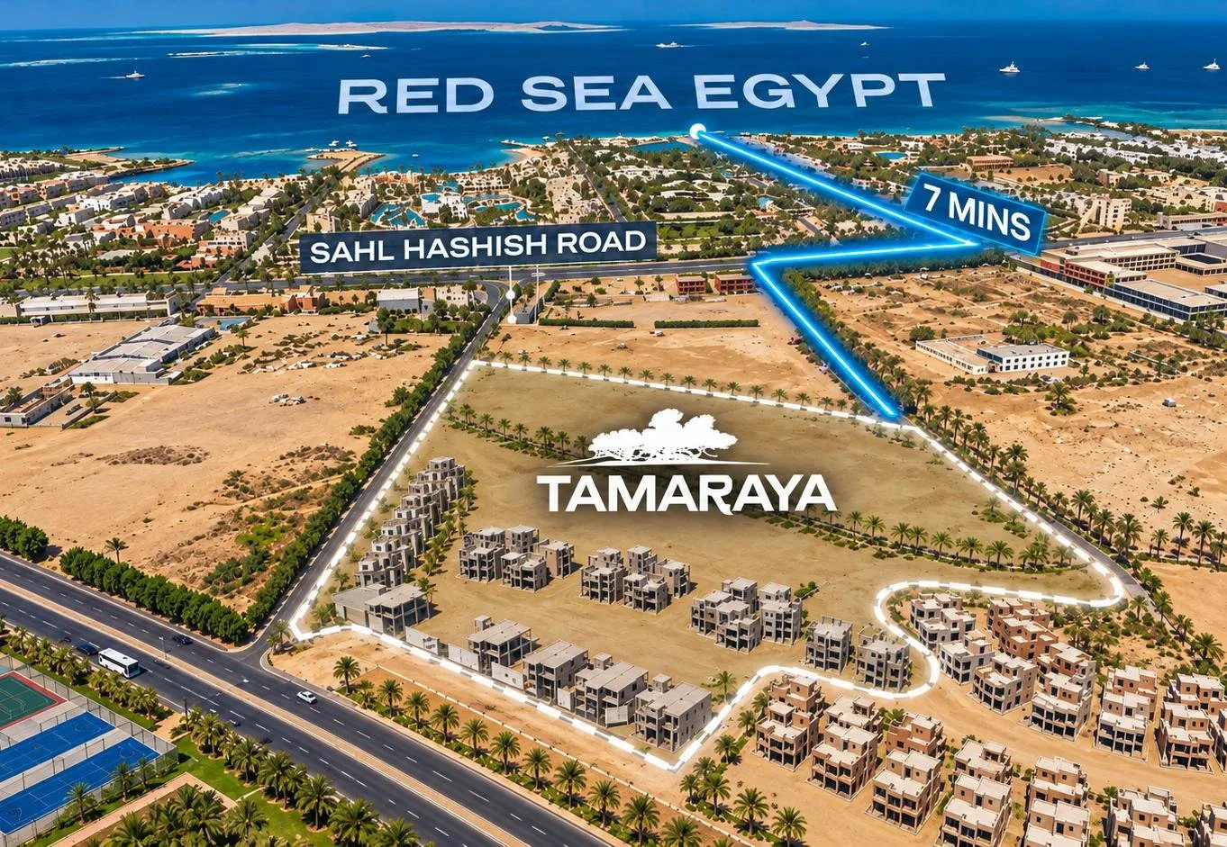 المخطط العام: Location aerial: Tamaraya next to Senzo Mall, South Hurghada (developer brochure)
