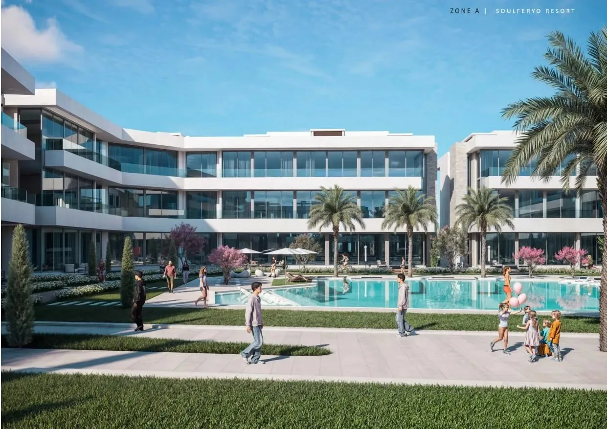 تصميم تخيلي: Apartment building and pool (developer render)