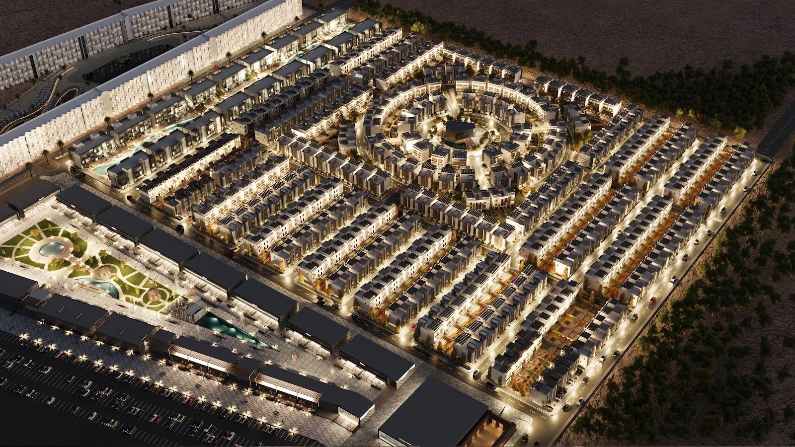 تصميم تخيلي: Bird’s-eye view of the community at dusk