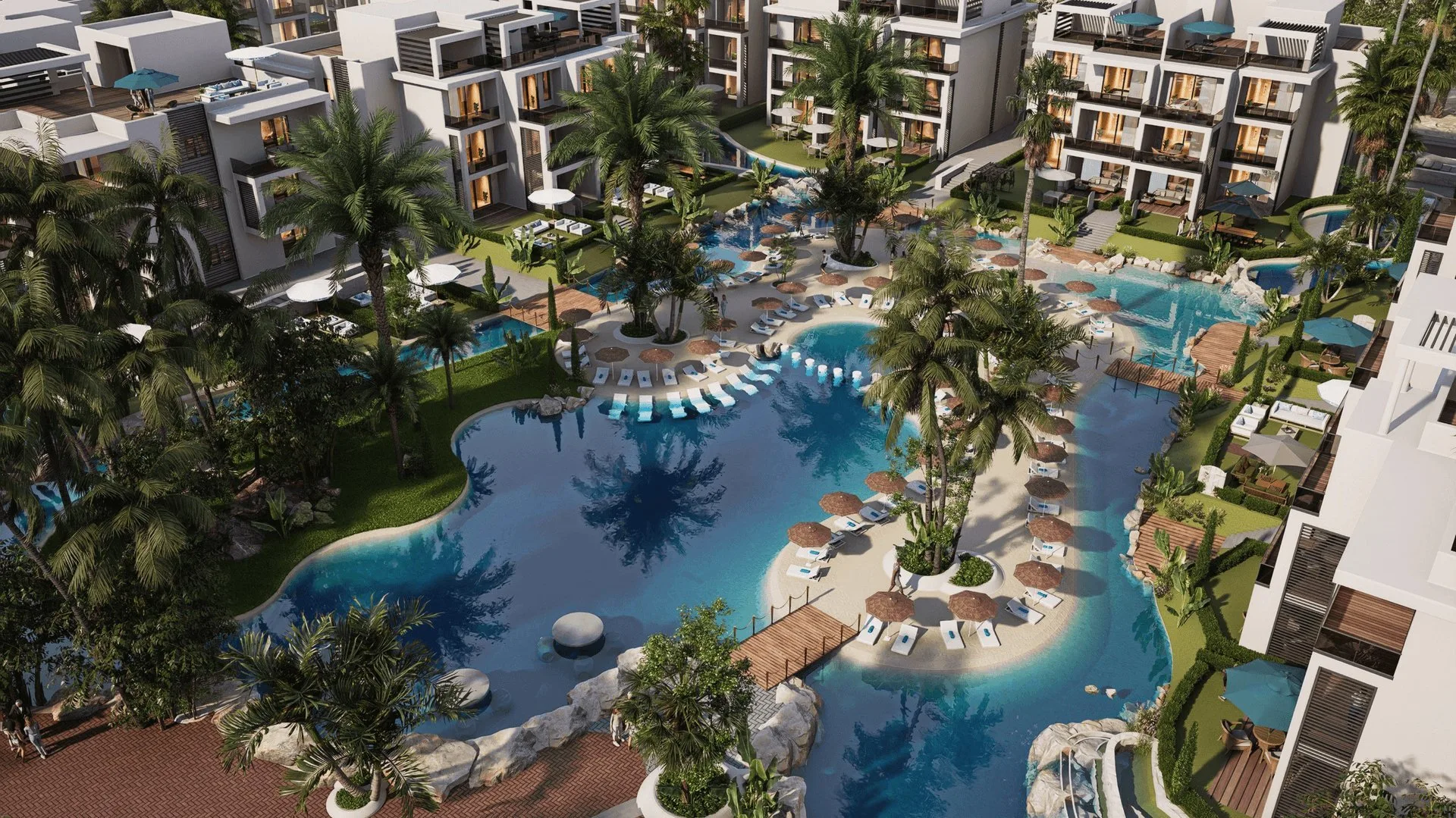 تصميم تخيلي: Aerial: central lagoon with sand beach