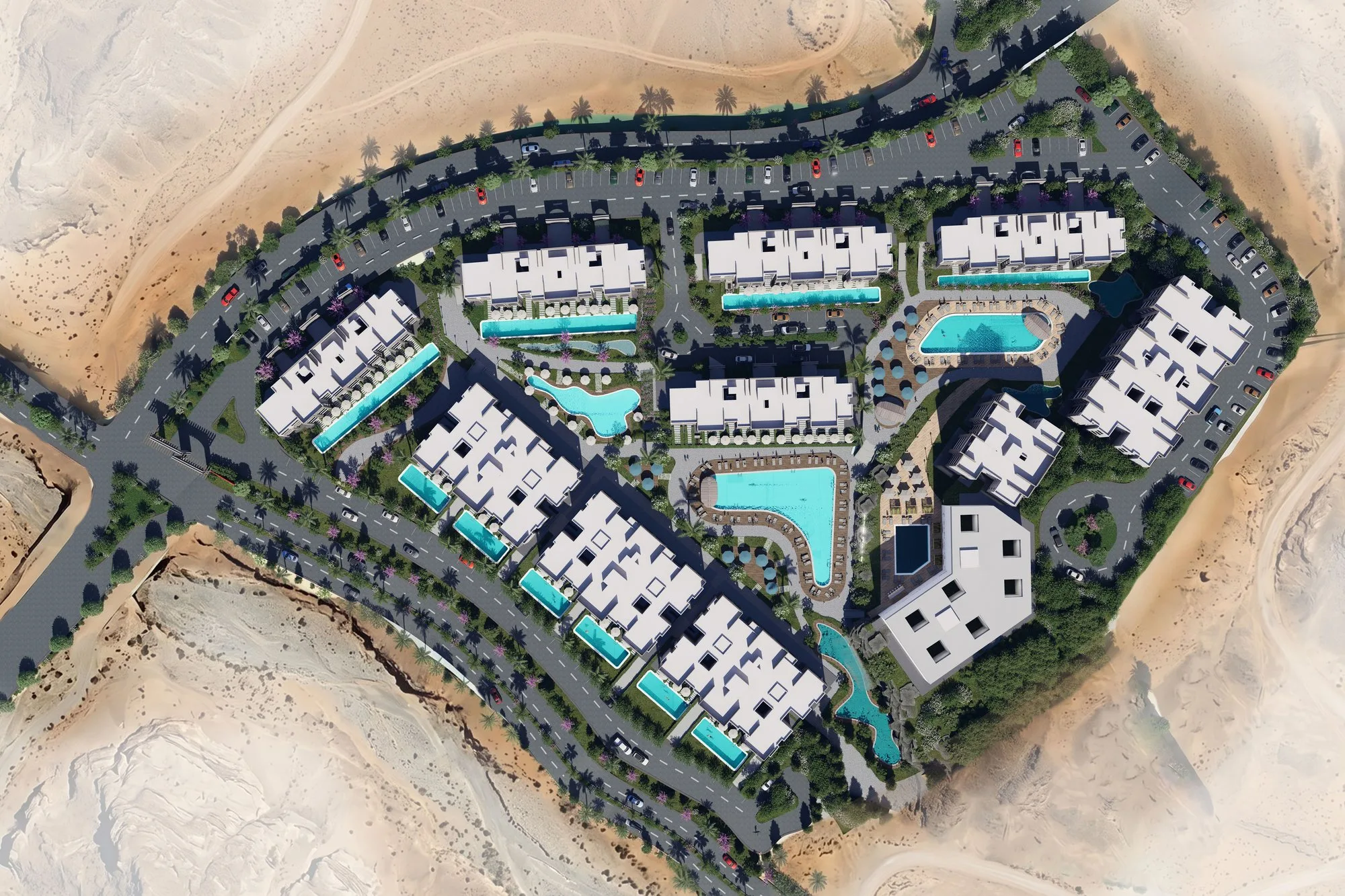 المخطط العام: Top-down master plan view of the ten buildings, pools and water features (developer fact sheet)