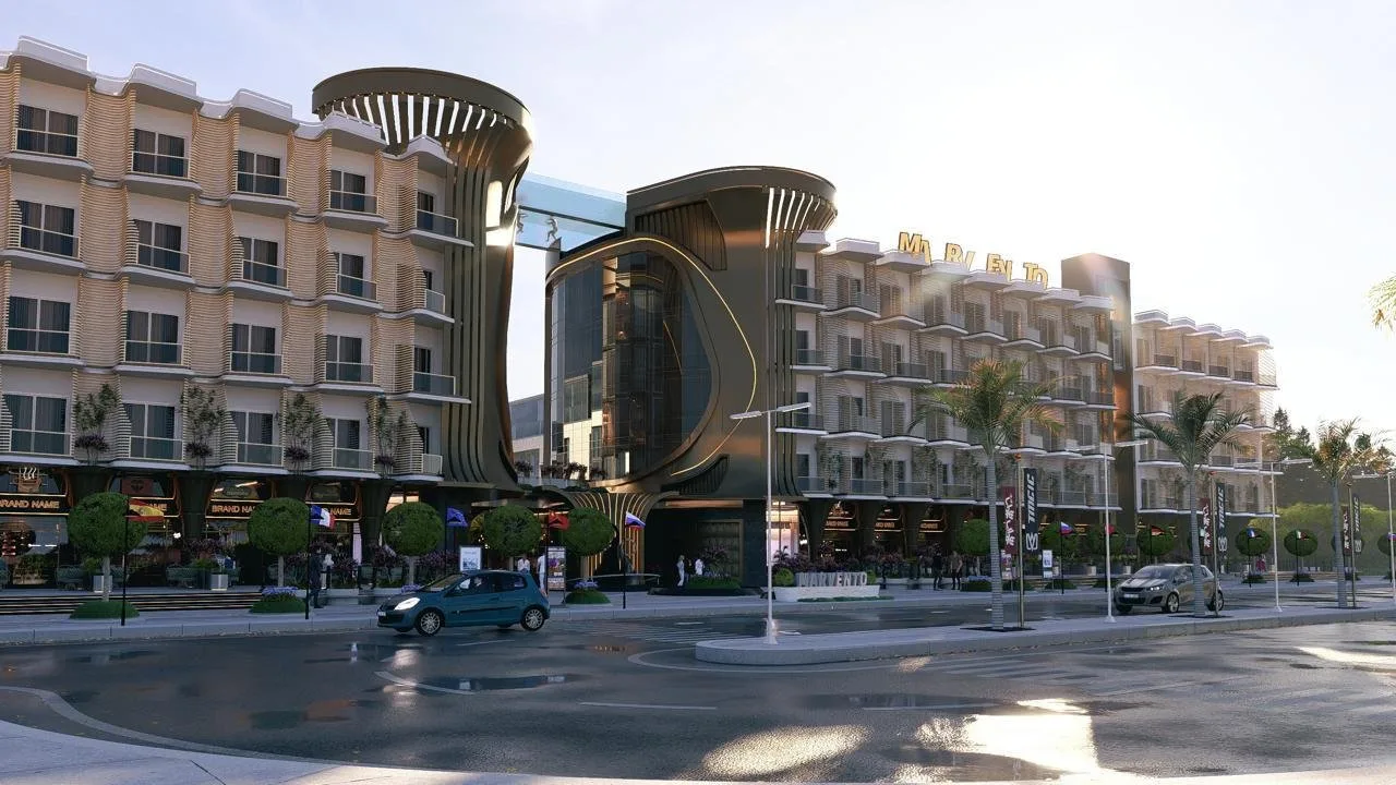 تصميم تخيلي: Street-front render of the resort with ground-floor retail