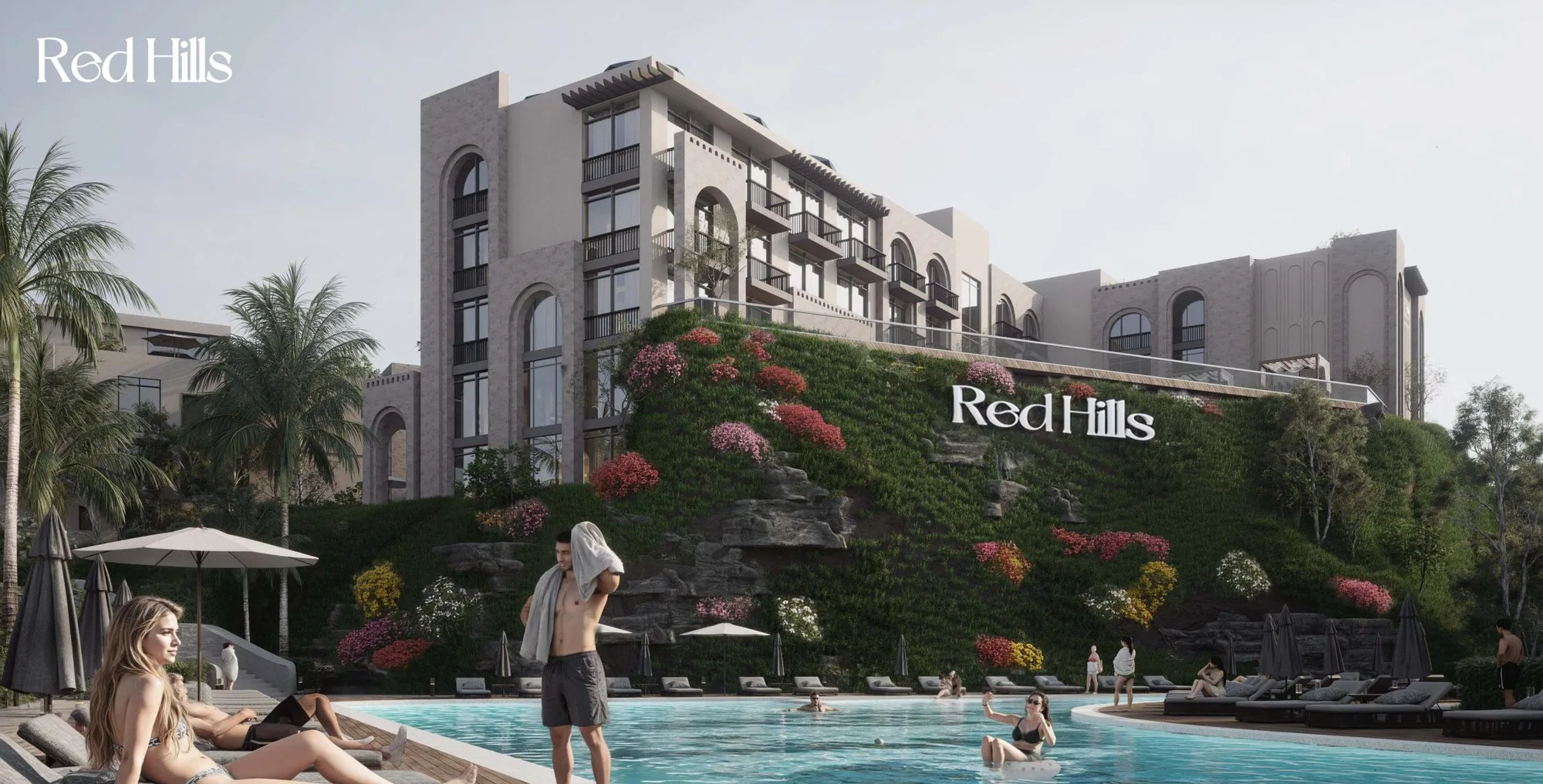 تصميم تخيلي: Pool deck below the planted Red Hills wall